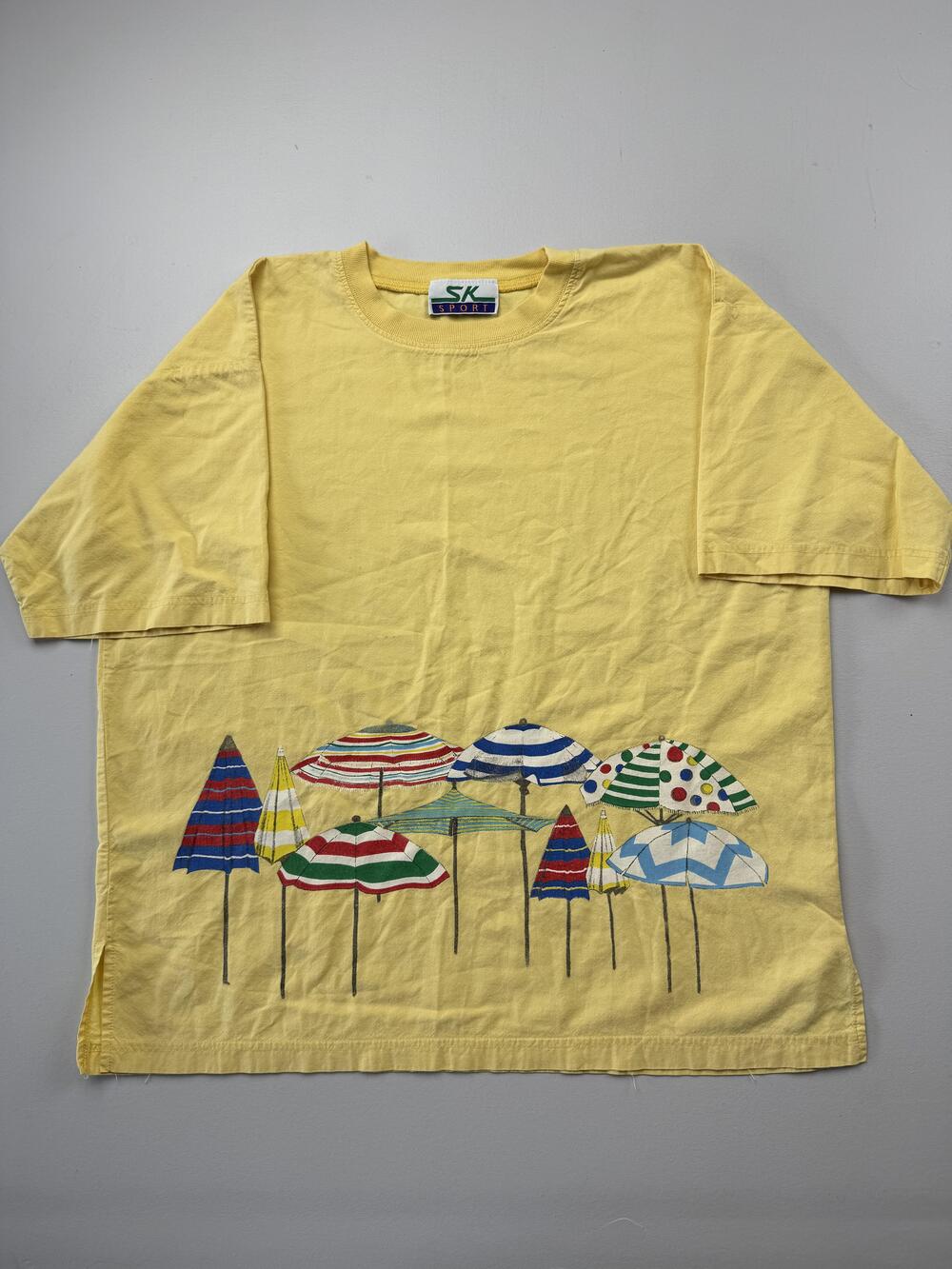 SK Sport Shirt Mens L Yellow Crew Neck Short Sleeve Beach Umbrella Tunic Top